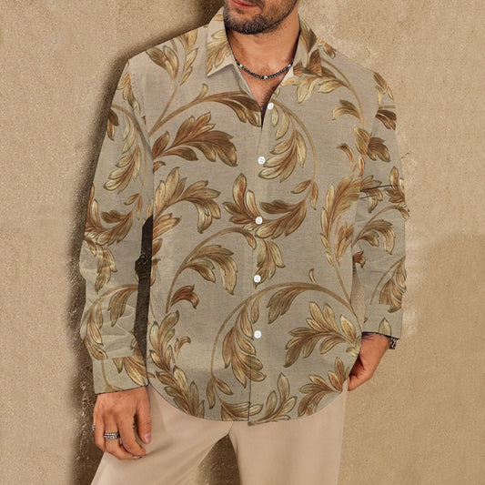 Men's Gold Leaf Print Fashion Long Sleeve Shirt