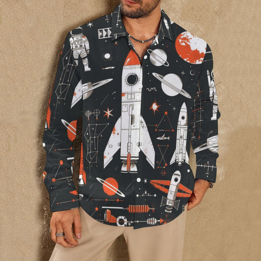 Men's Graffiti Print Space Rocket Fashion Long Sleeve Shirt