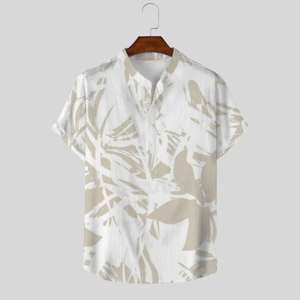 Breathable And Comfortable Cotton And Linen Stand-Up Collar Half-Lapel Short-Sleeved Shirt 2501001805