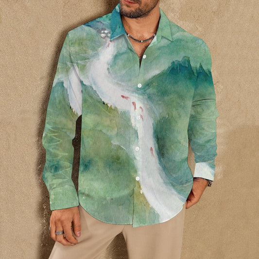 Men's Green Mountain Green Water Print Fashion Long Sleeve Shirt