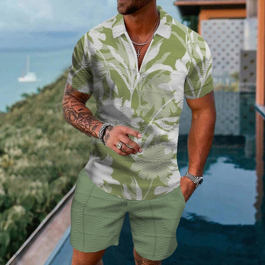 Men's Green Floral Premium Print Fashion Short Sleeve Suit 6783